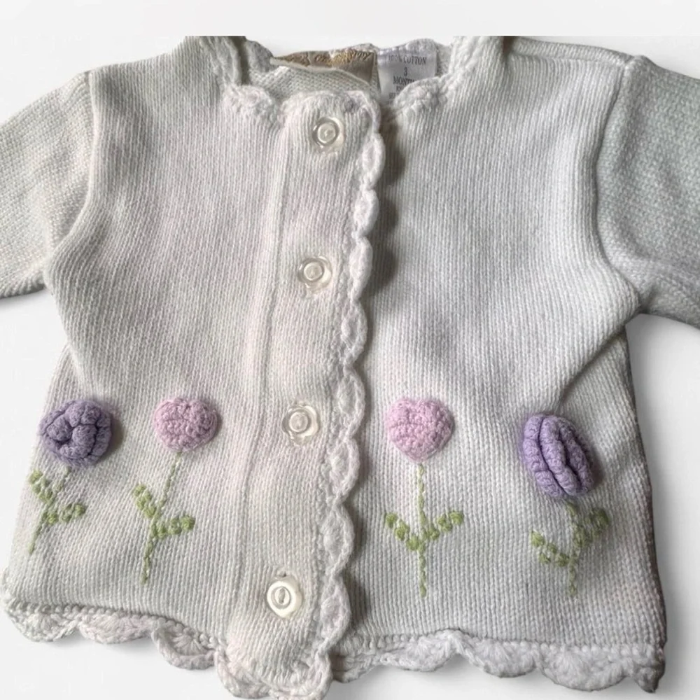Vintage Celebrity Kids Baby Girl White Knit Cardigan Floral Embroidered 3 months - Picture 3 of 7